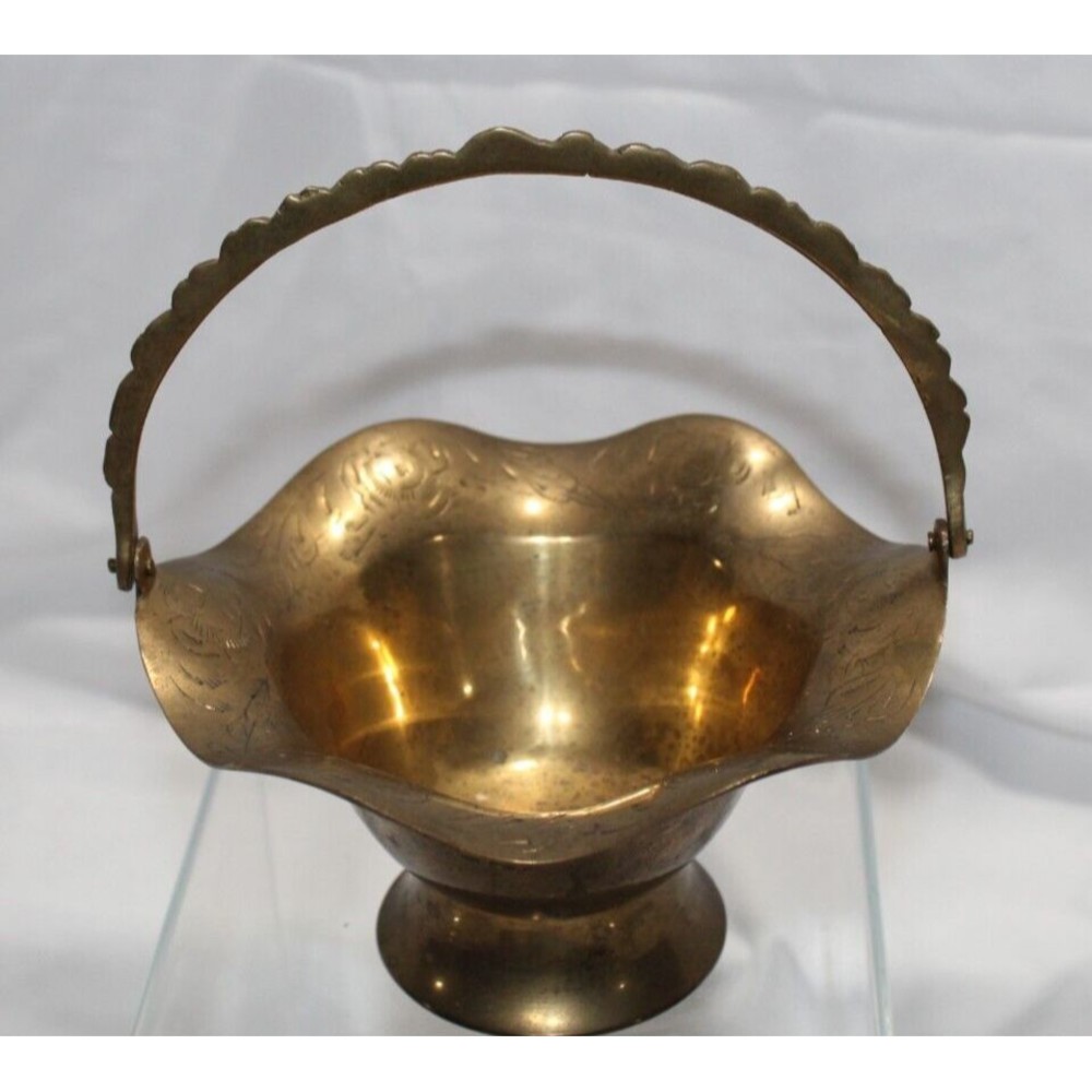 Solid Brass Basket Scalloped Edge, Pedestal, Handle, Patina, Floral Etching